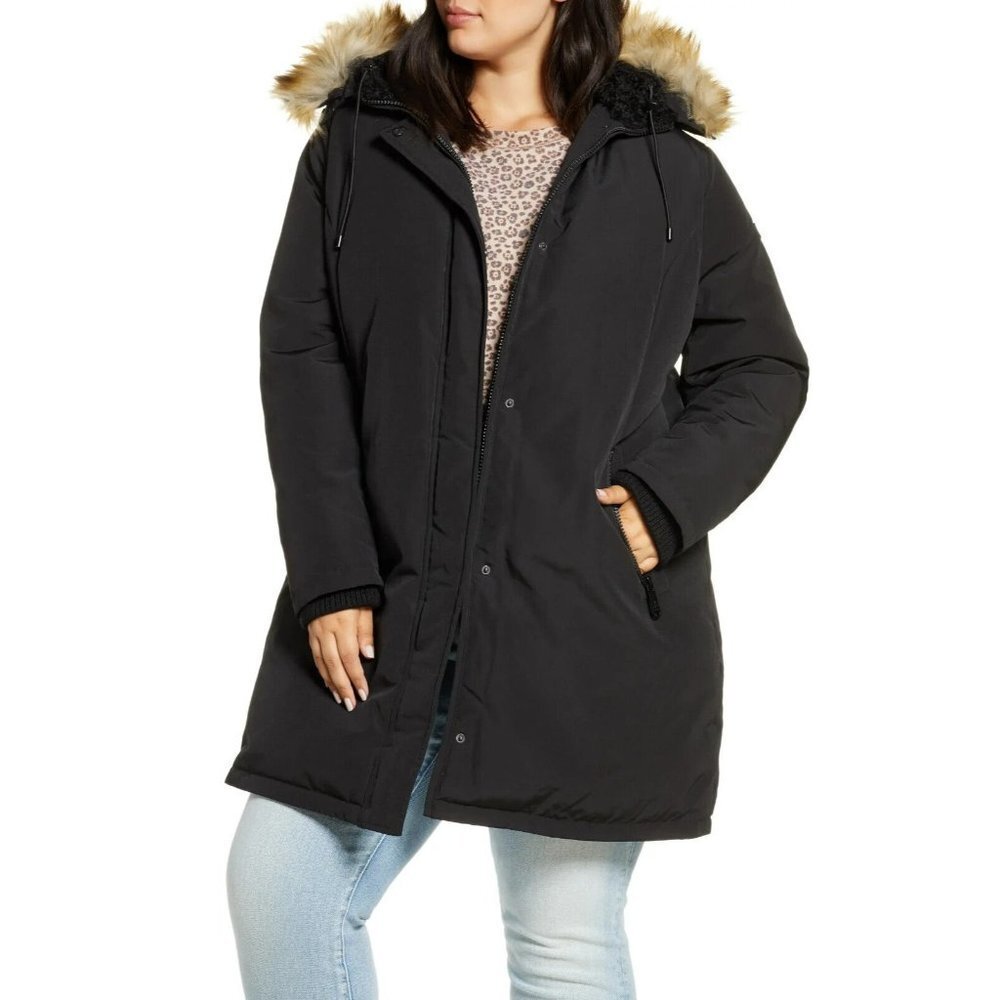 Sam Edelman Womens Black Faux Fur Trim‎ Short Parka Coat Jacket Size XL
